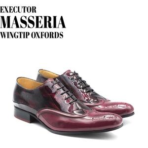 John Fluevog Burgundy and Black Patina Wingtip Oxfords